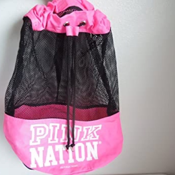 PINK Victoria's Secret Handbags - VS PINK • Pink + Black Net Drawstring Backpack